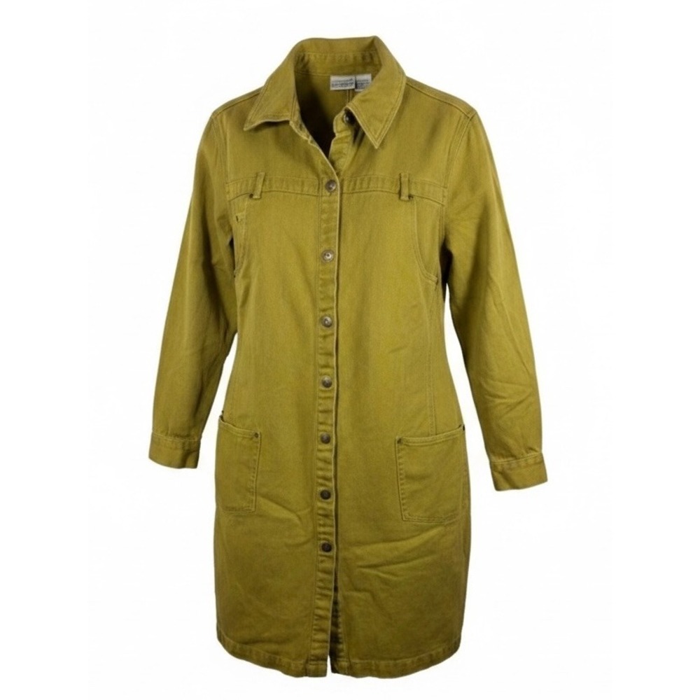 Vintage Newport News Jeanology Green Denim Shirt Dress Coat Utility 14W Artsy